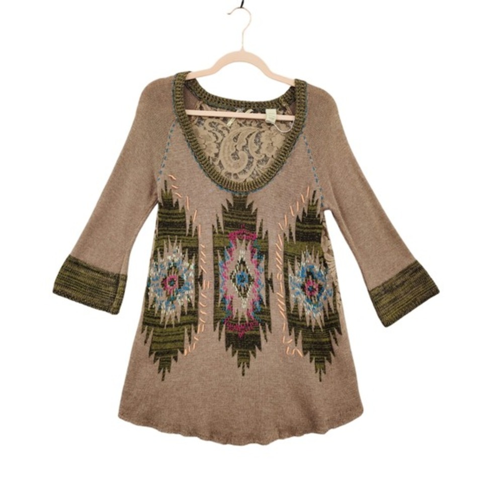 BKE Women Southwestern Aztec Earthy Sheer Lace Back Sweater Tunic S Brown Tribal